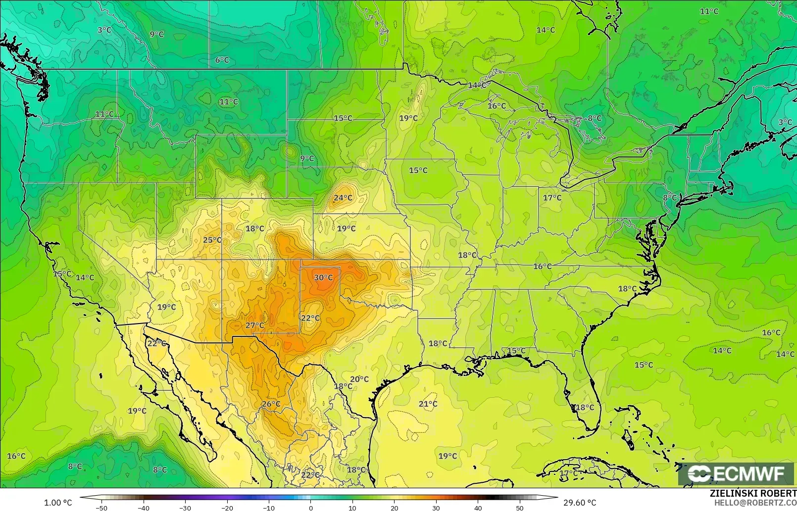 ECMWF IFS 0.25° model - Amerika Serikat, Suhu 850 hPa