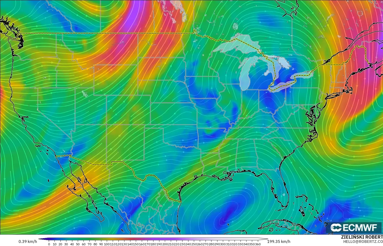 ECMWF IFS 0.25° model - Amerika Serikat, Angin 300 hPa (aliran jet)