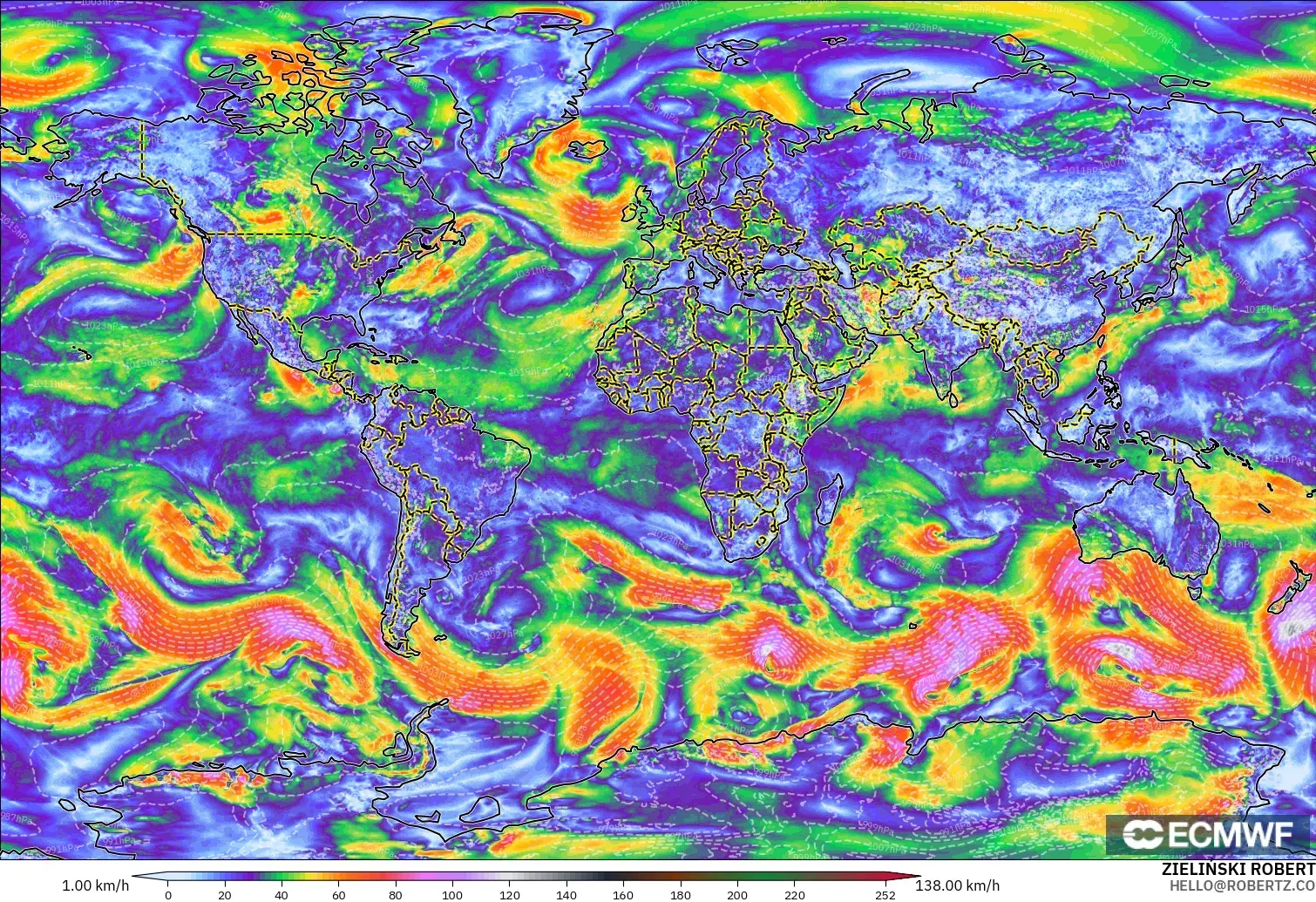 ECMWF IFS 0.25° model - Dunia, Puncak Hembusan
