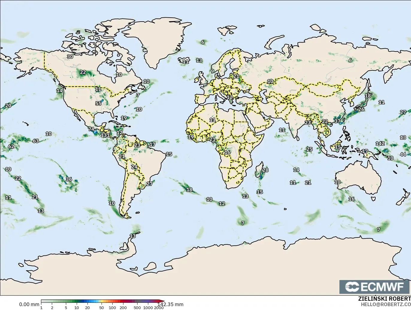 ECMWF IFS 0.25° model - Dunia, Akumulasi Curah Hujan