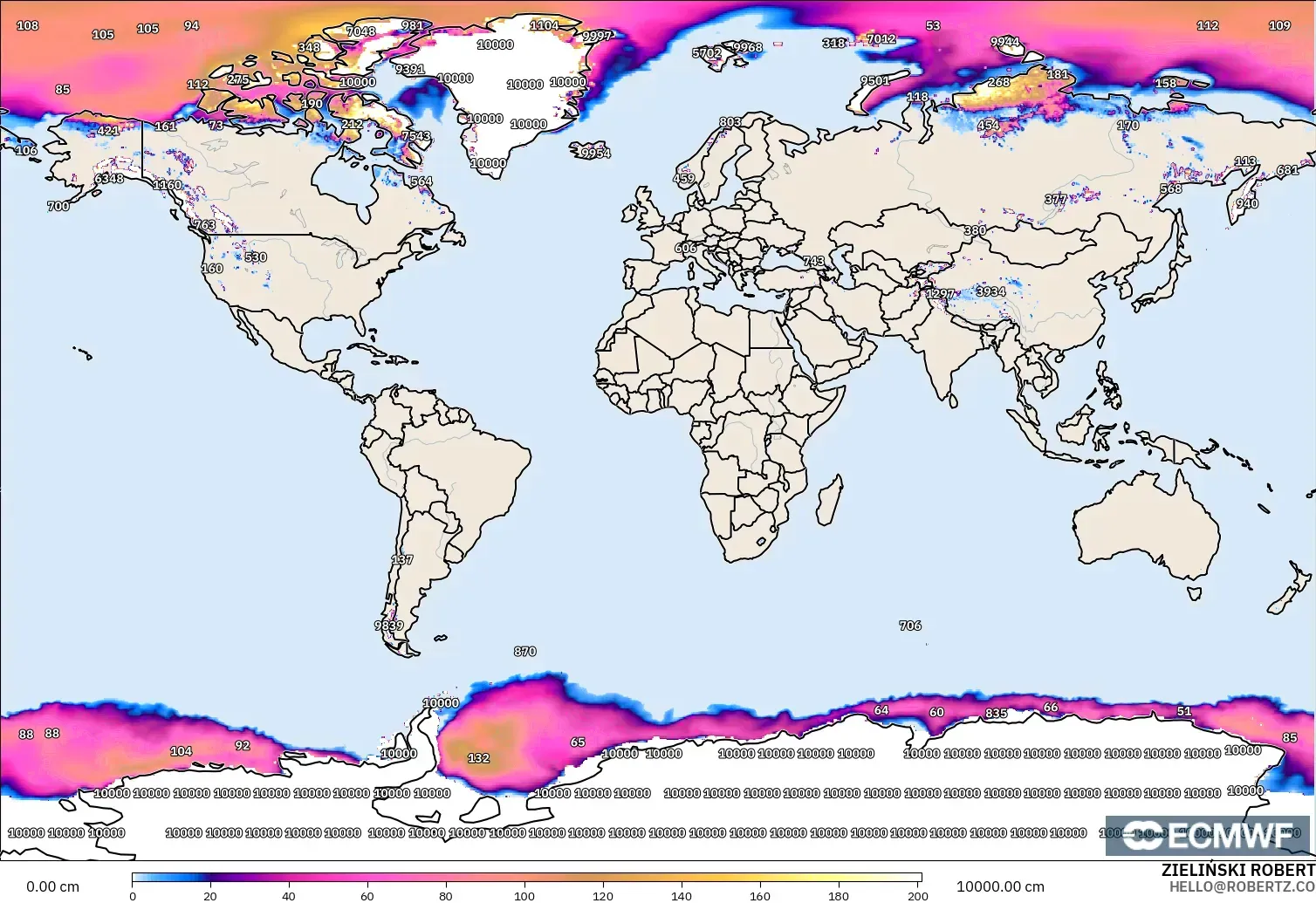 ECMWF IFS 0.25° modelo - World, Snow Depth