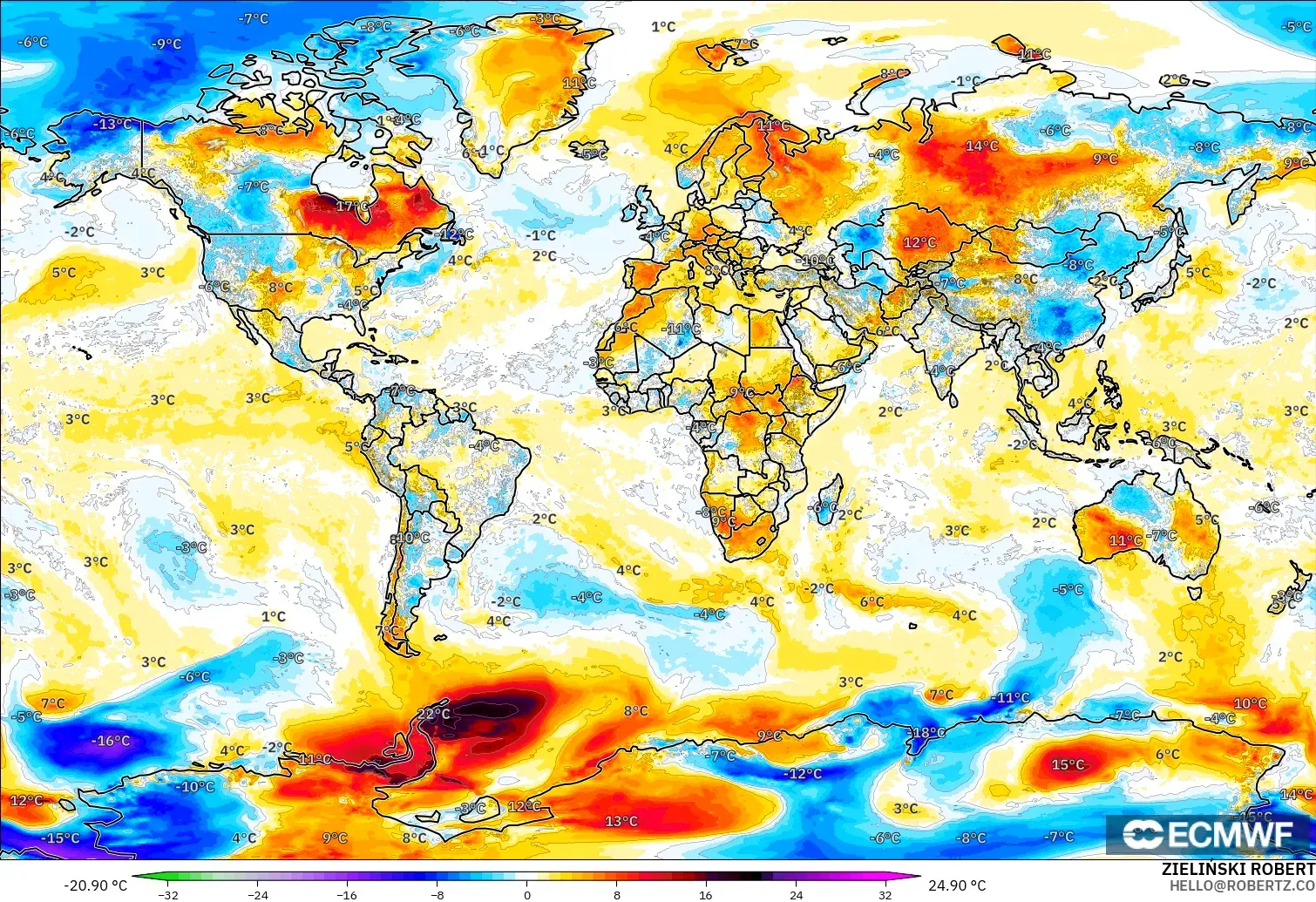 ECMWF IFS 0.25° model - Dunia, Anomali Suhu 2 m
