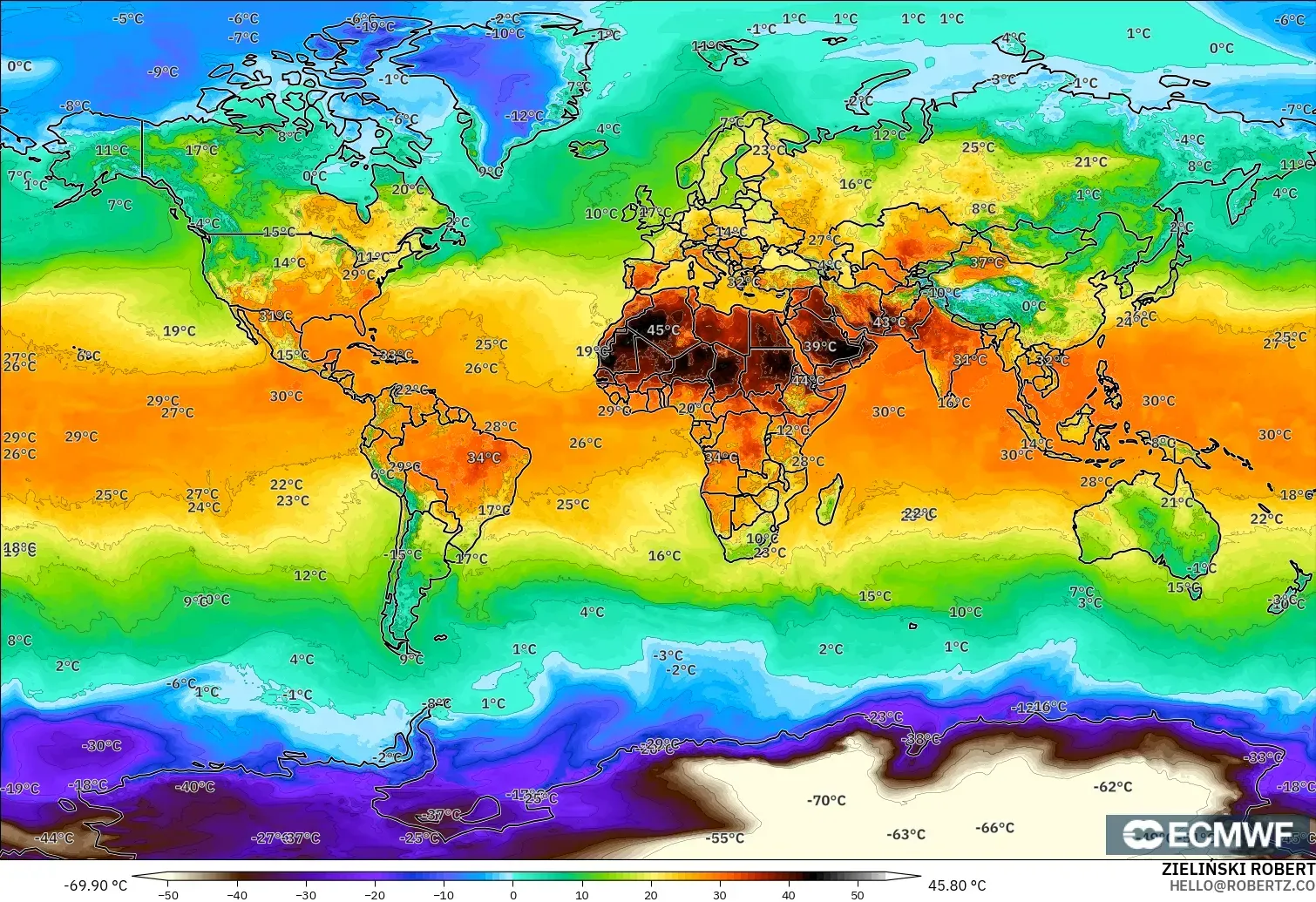 ECMWF IFS 0.25° modelo - World, Temperature at 2m
