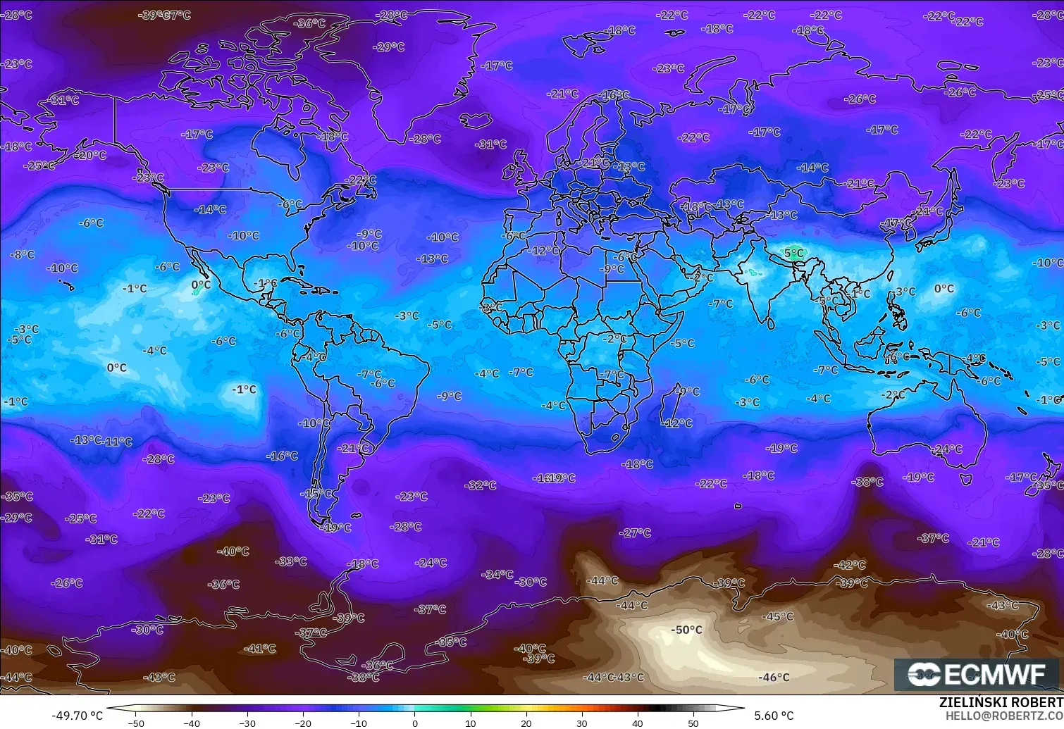 ECMWF IFS 0.25° modelo - World, Temperature at 500hPa