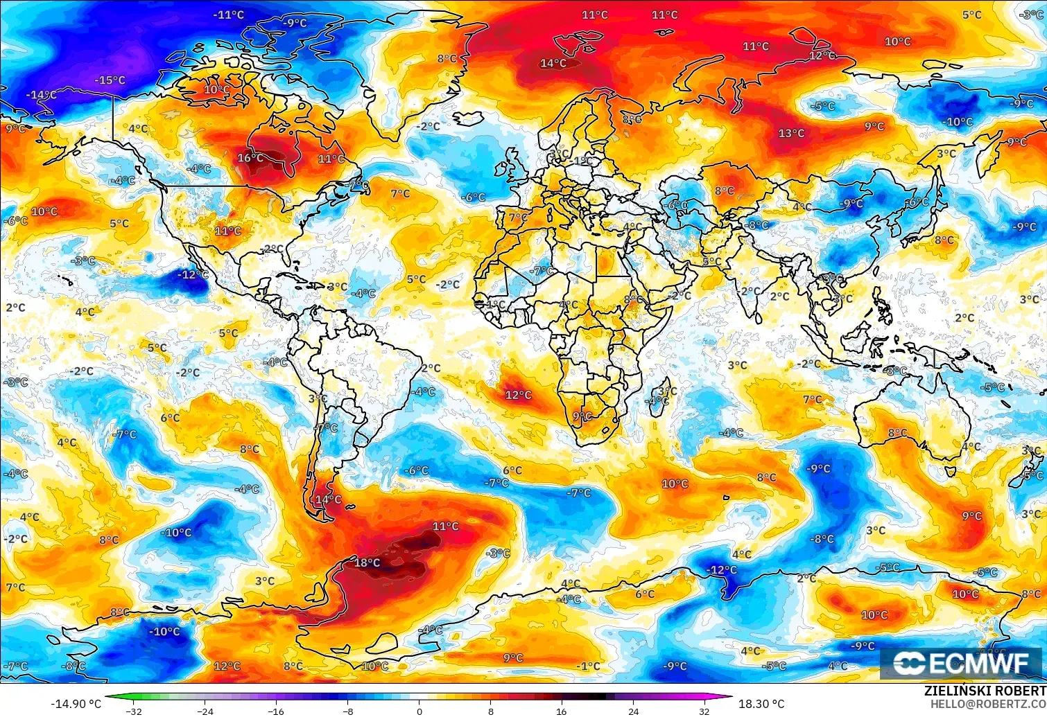 ECMWF IFS 0.25° model - Dunia, Anomali Suhu 850 hPa