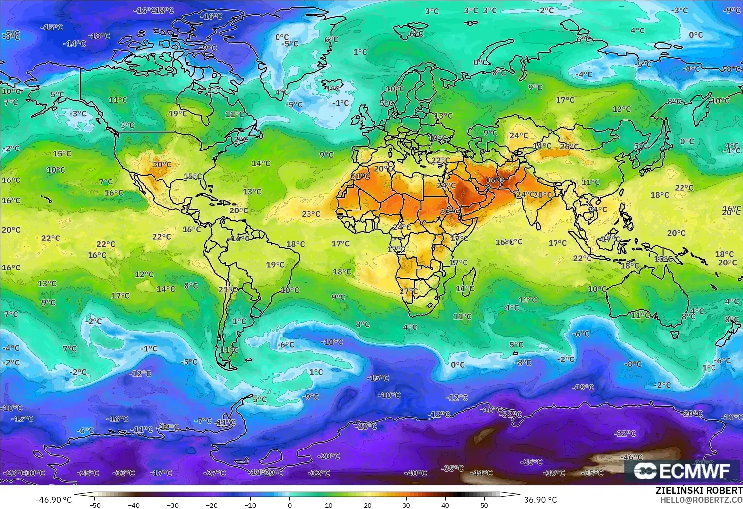 ECMWF IFS 0.25° modelo - World, Temperature at 850hPa