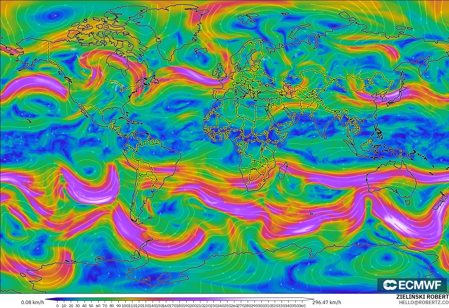 ECMWF IFS 0.25° model - Dunia, Angin 300 hPa (aliran jet)