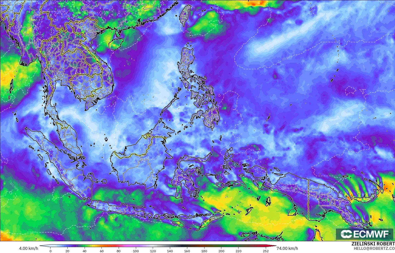 ECMWF IFS 0.25° model - South East Asia, Wind Gusts Peak