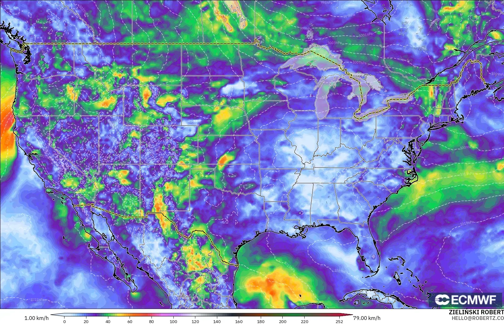 ECMWF IFS 0.25° model - United States, Wind Gusts Peak