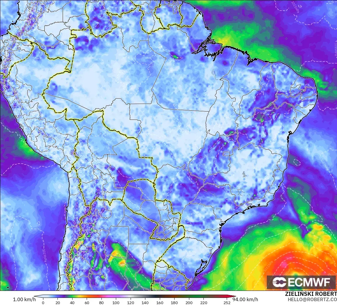 ECMWF IFS 0.25° model - Brazil, Wind Gusts Peak