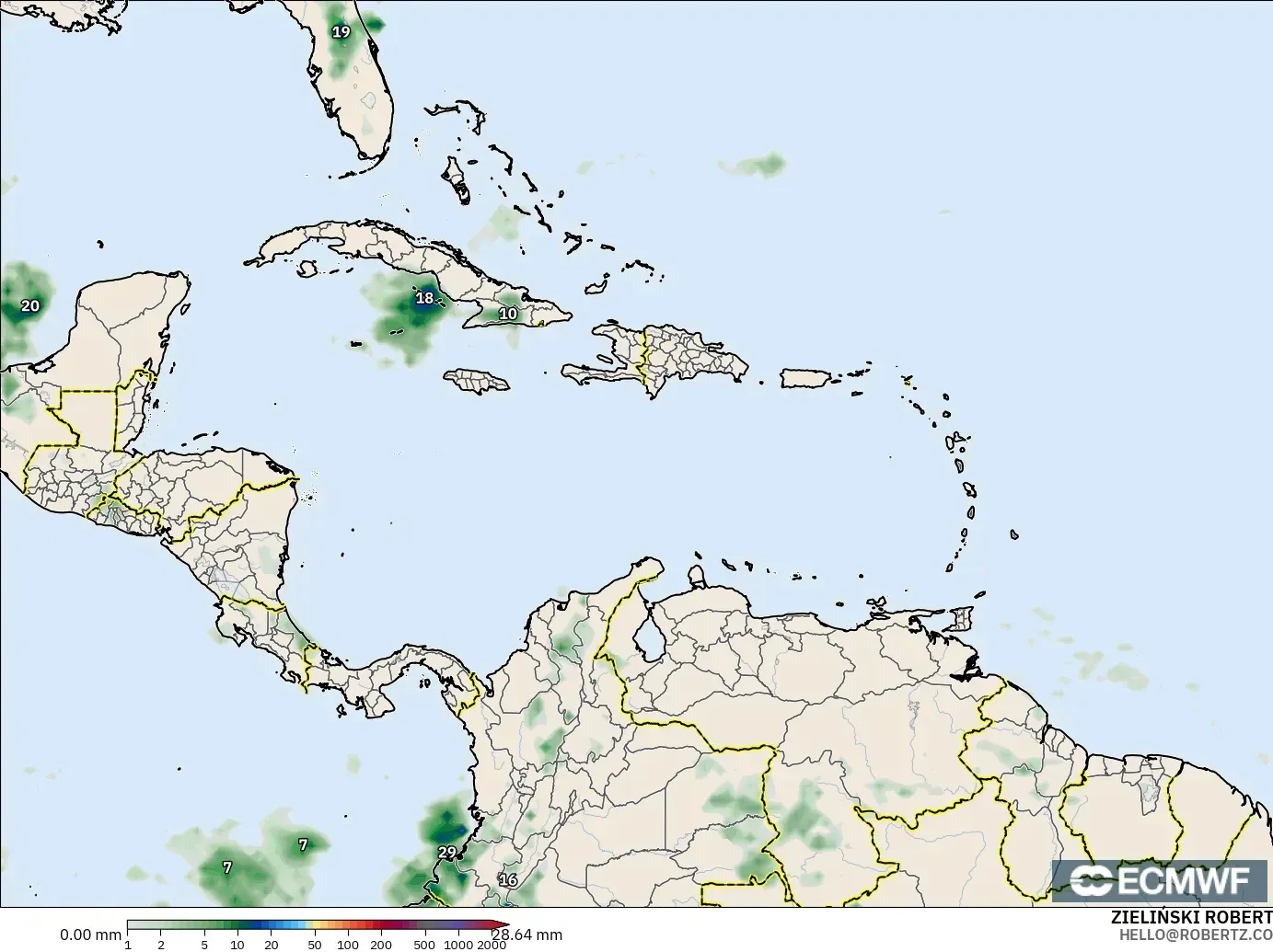ECMWF IFS 0.25° model - Caribbean, Precipitation Accumulation