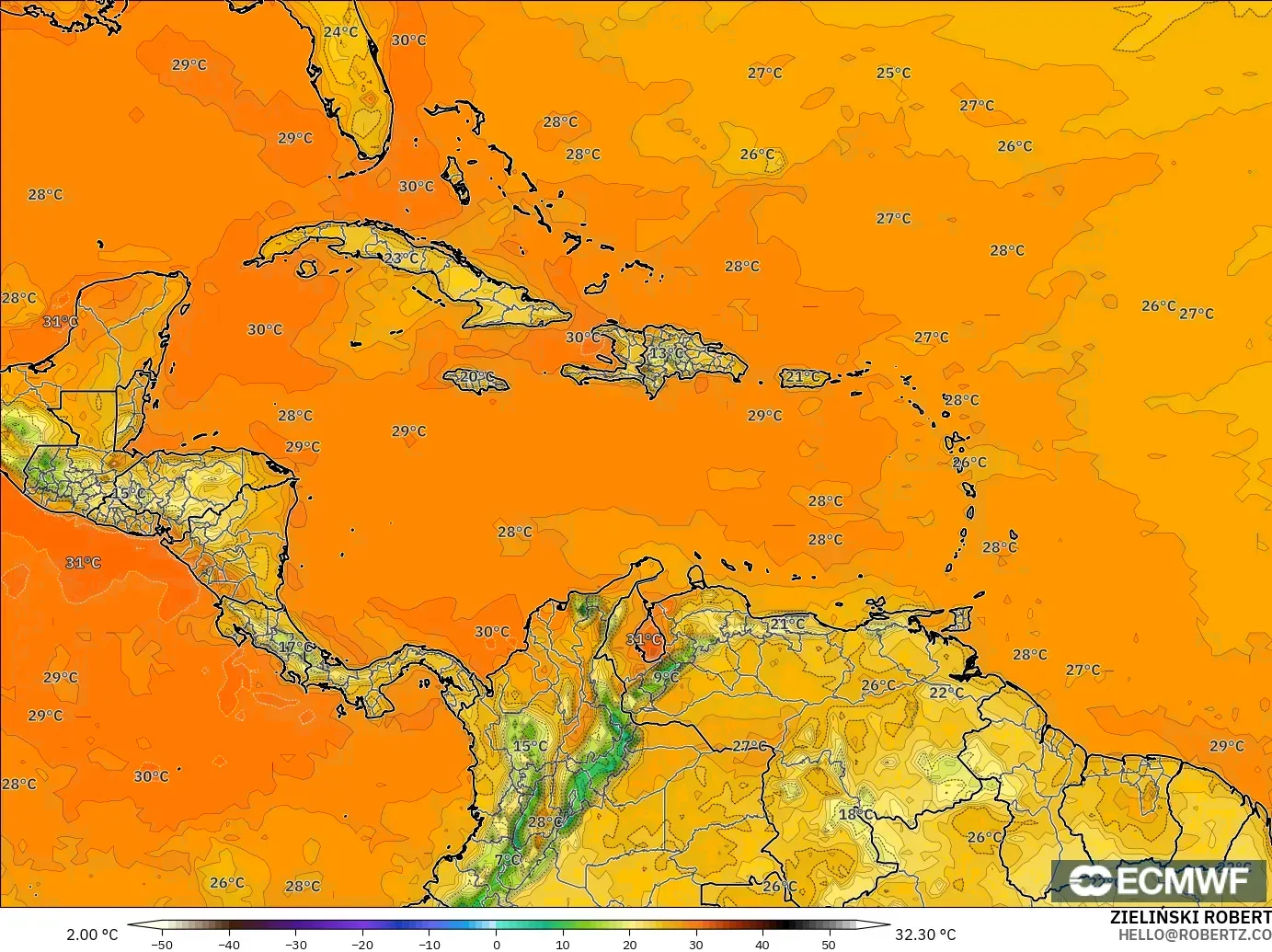 ECMWF IFS 0.25° model - Caribbean, Temperature at 2m