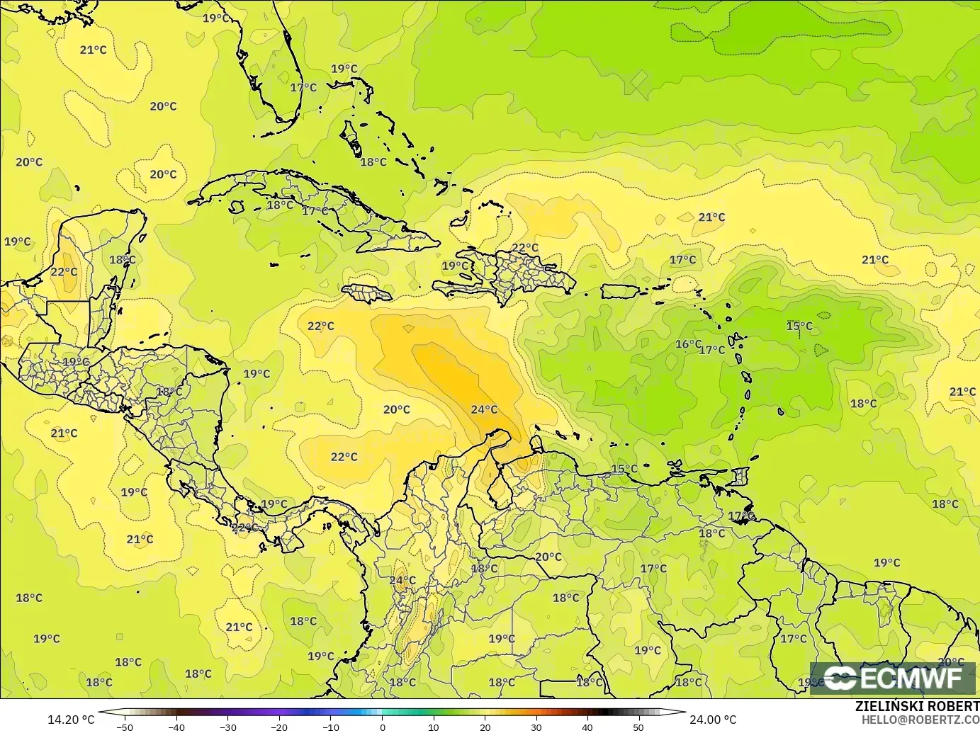 ECMWF IFS 0.25° model - Caribbean, Temperature at 850hPa