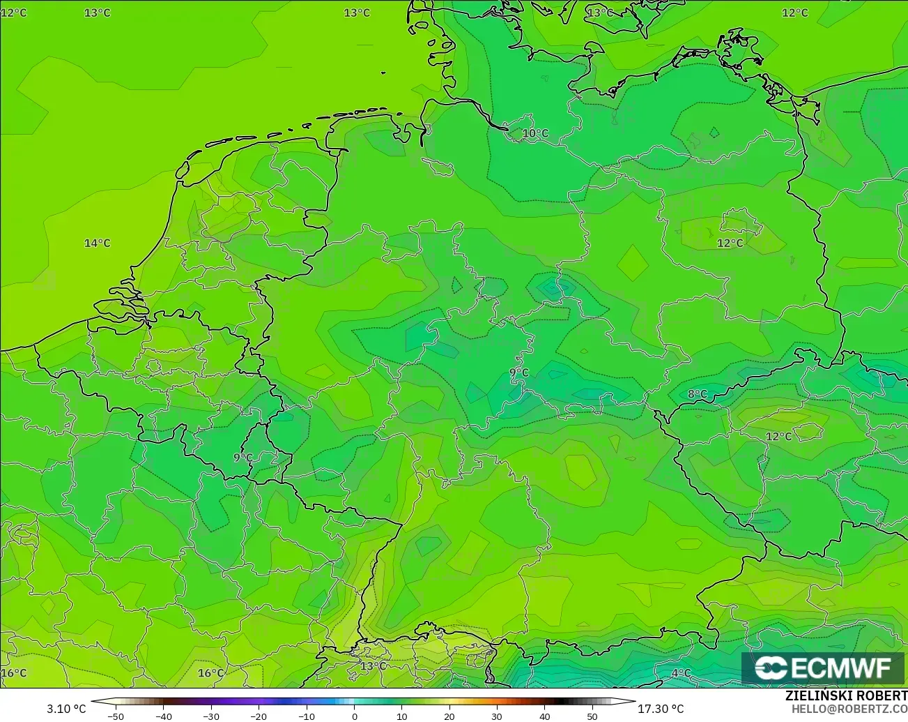 ECMWF IFS 0.25° model - Germany, Temperature at 2m