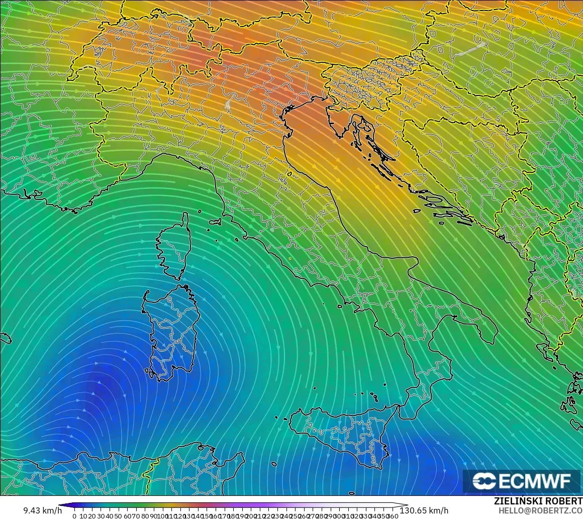 ECMWF IFS 0.25° model - Italy, Wind at 300hPa (jet stream)