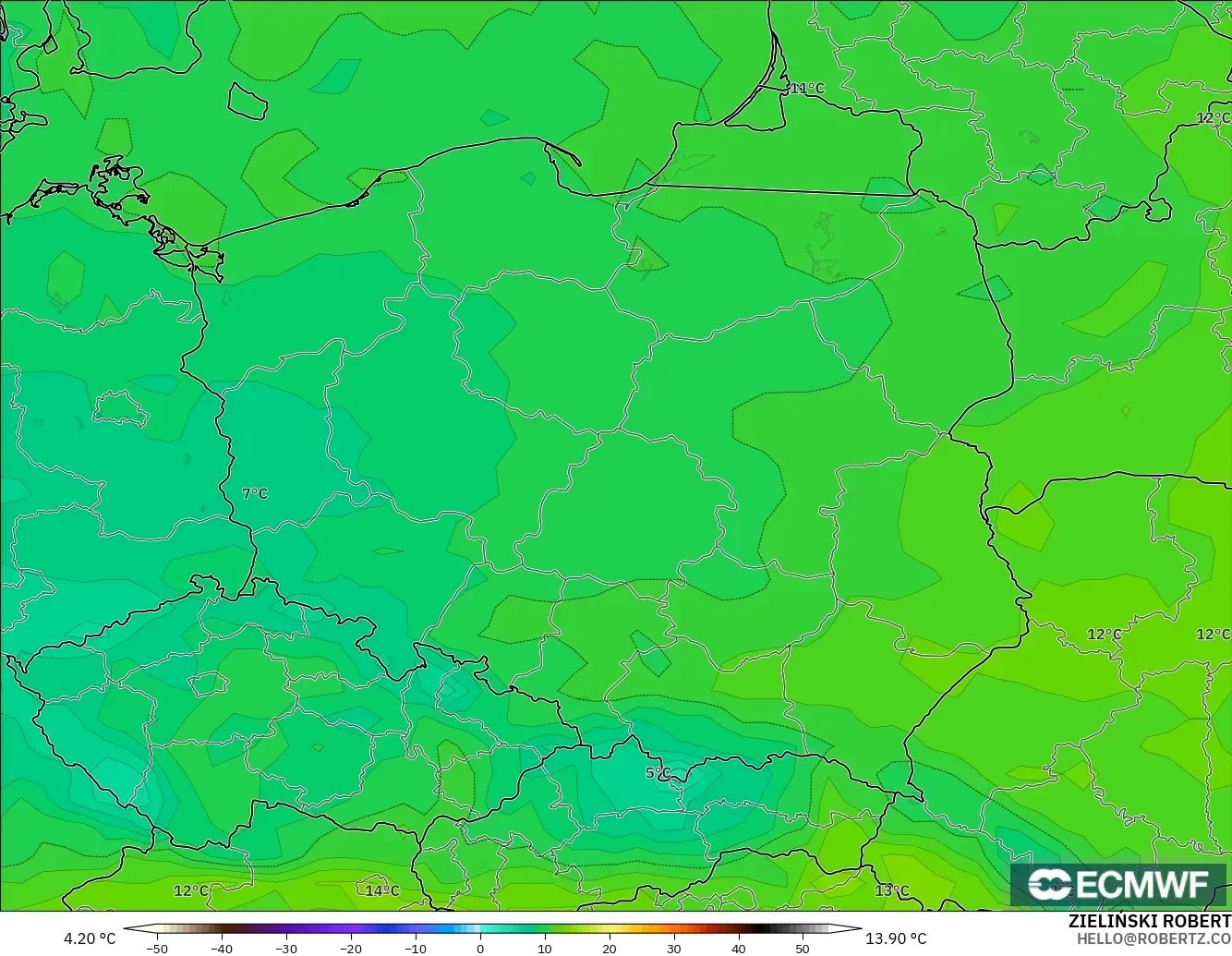 ECMWF IFS 0.25° model - Poland, Dewpoint at 2m