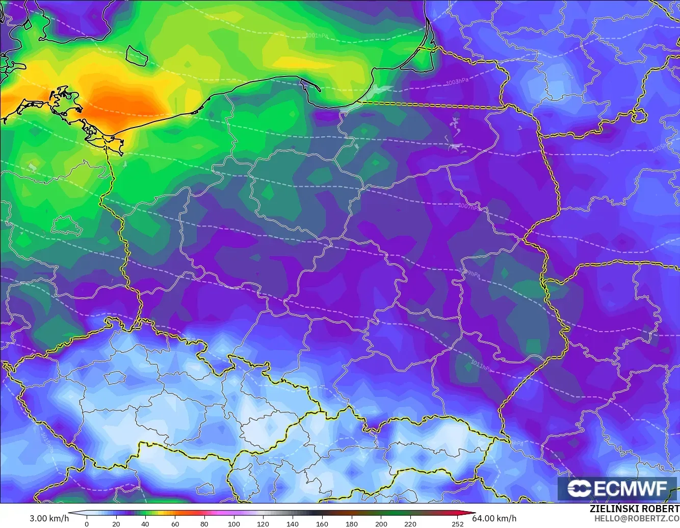 ECMWF IFS 0.25° model - Poland, Wind Gusts Peak