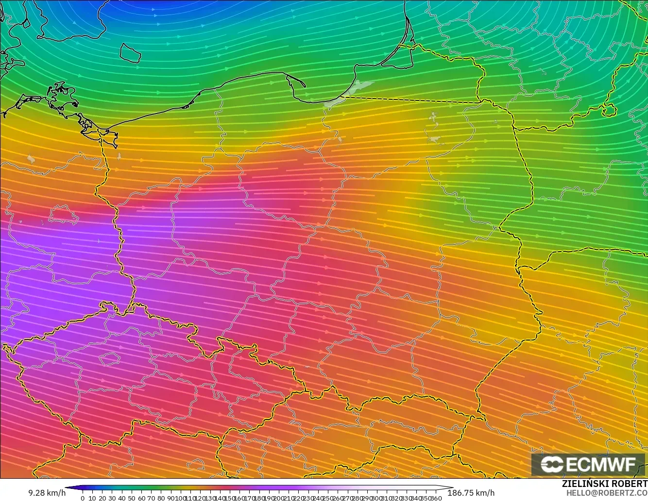 ECMWF IFS 0.25° model - Poland, Wind at 300hPa (jet stream)