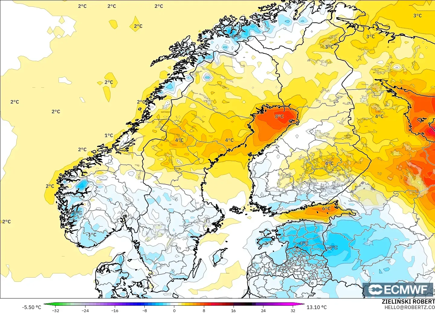 ECMWF IFS 0.25° model - Scandinavia, Temperature at 2m Anomaly
