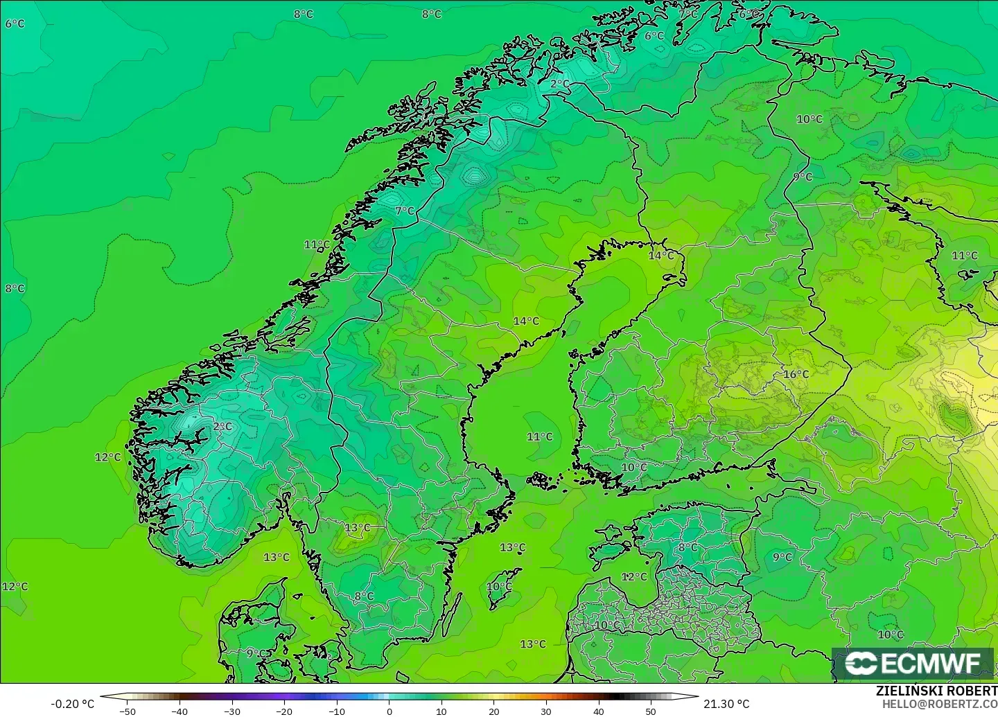 ECMWF IFS 0.25° model - Scandinavia, Temperature at 2m