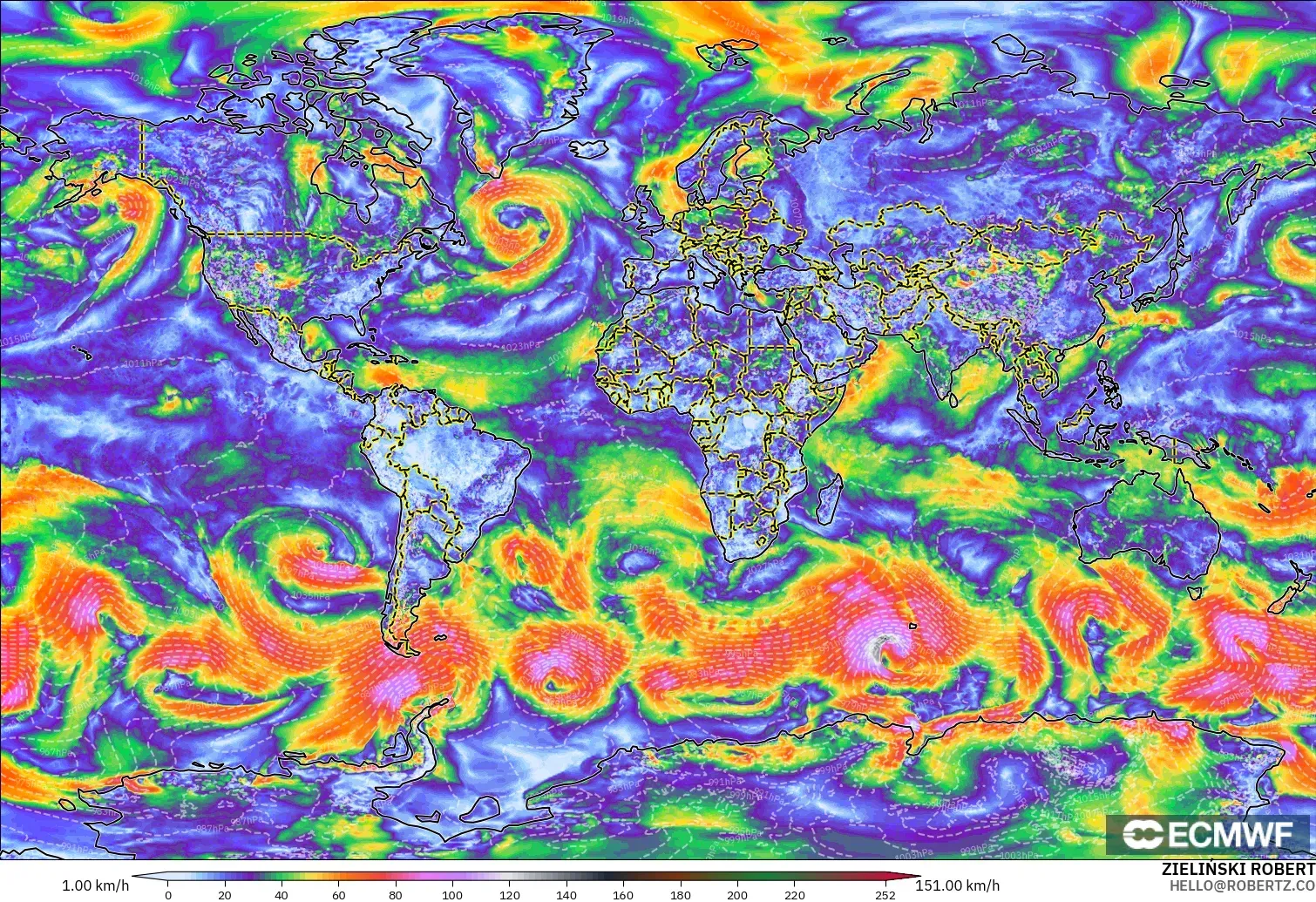 ECMWF IFS 0.25° model - World, Wind Gusts Peak