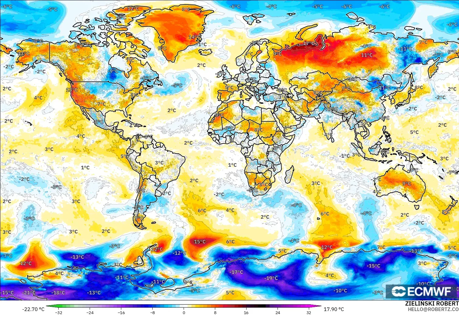 ECMWF IFS 0.25° model - World, Temperature at 2m Anomaly