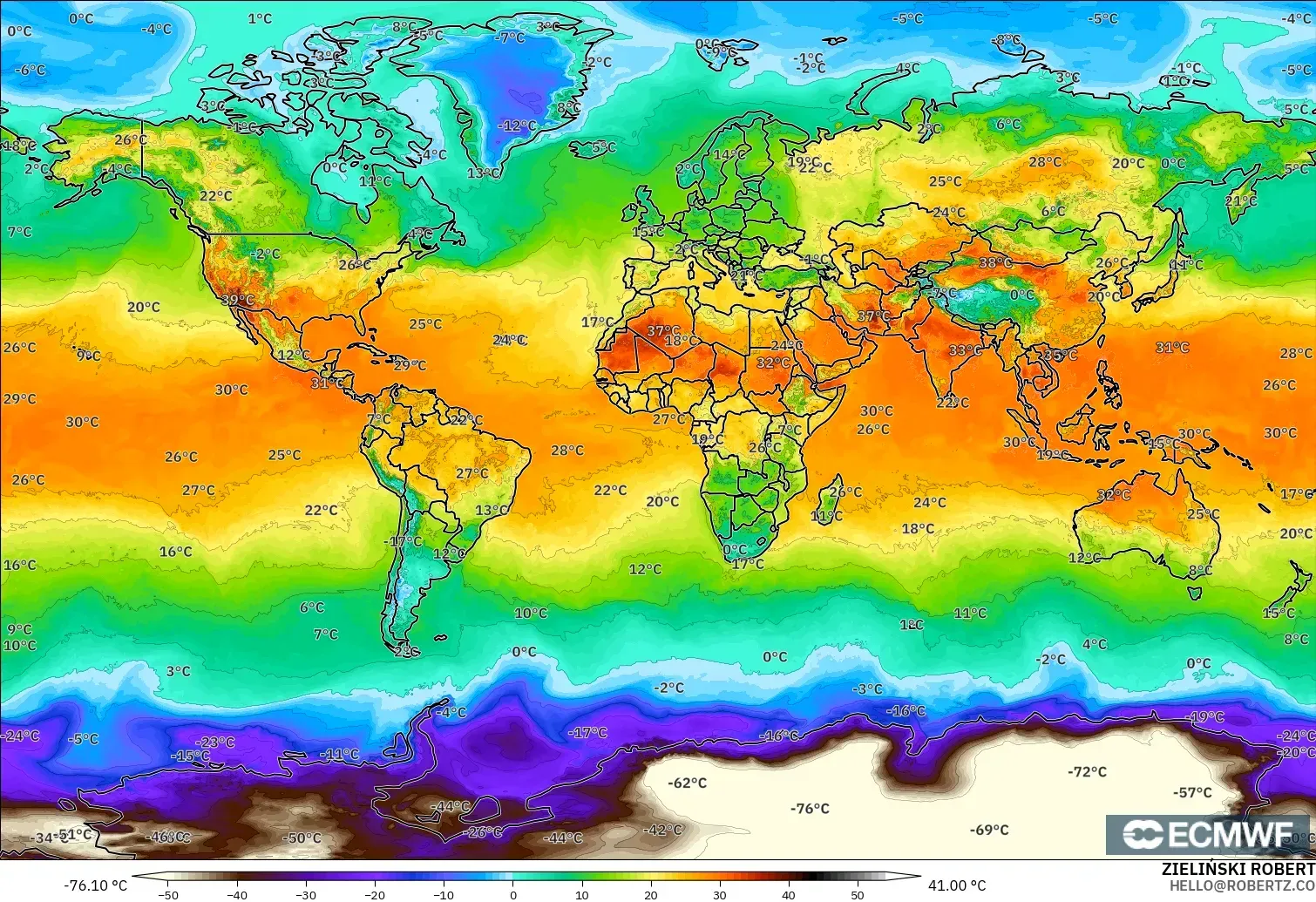 ECMWF IFS 0.25° model - World, Temperature at 2m