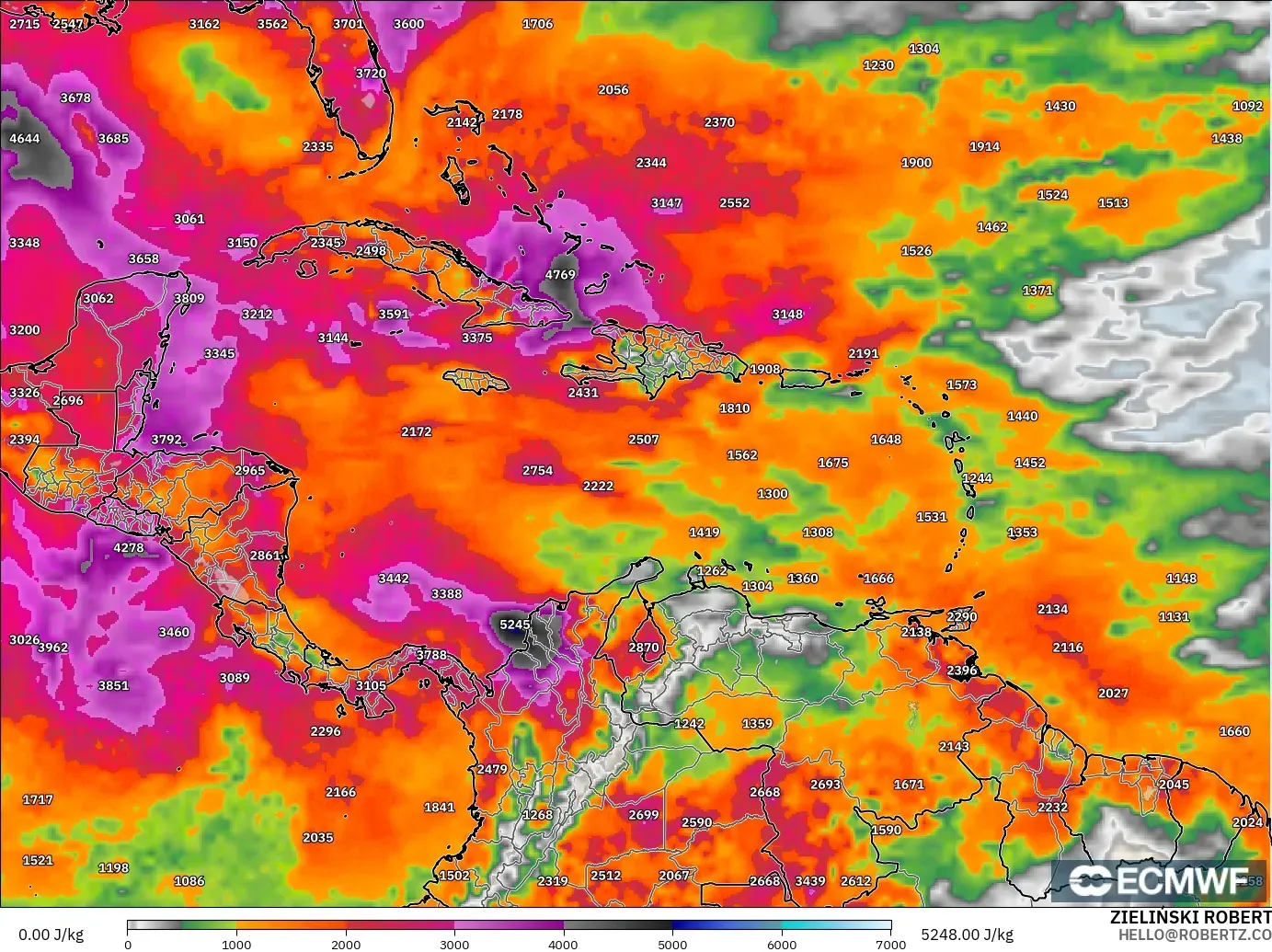 ECMWF IFS 0.25° model - Caribbean, CAPE