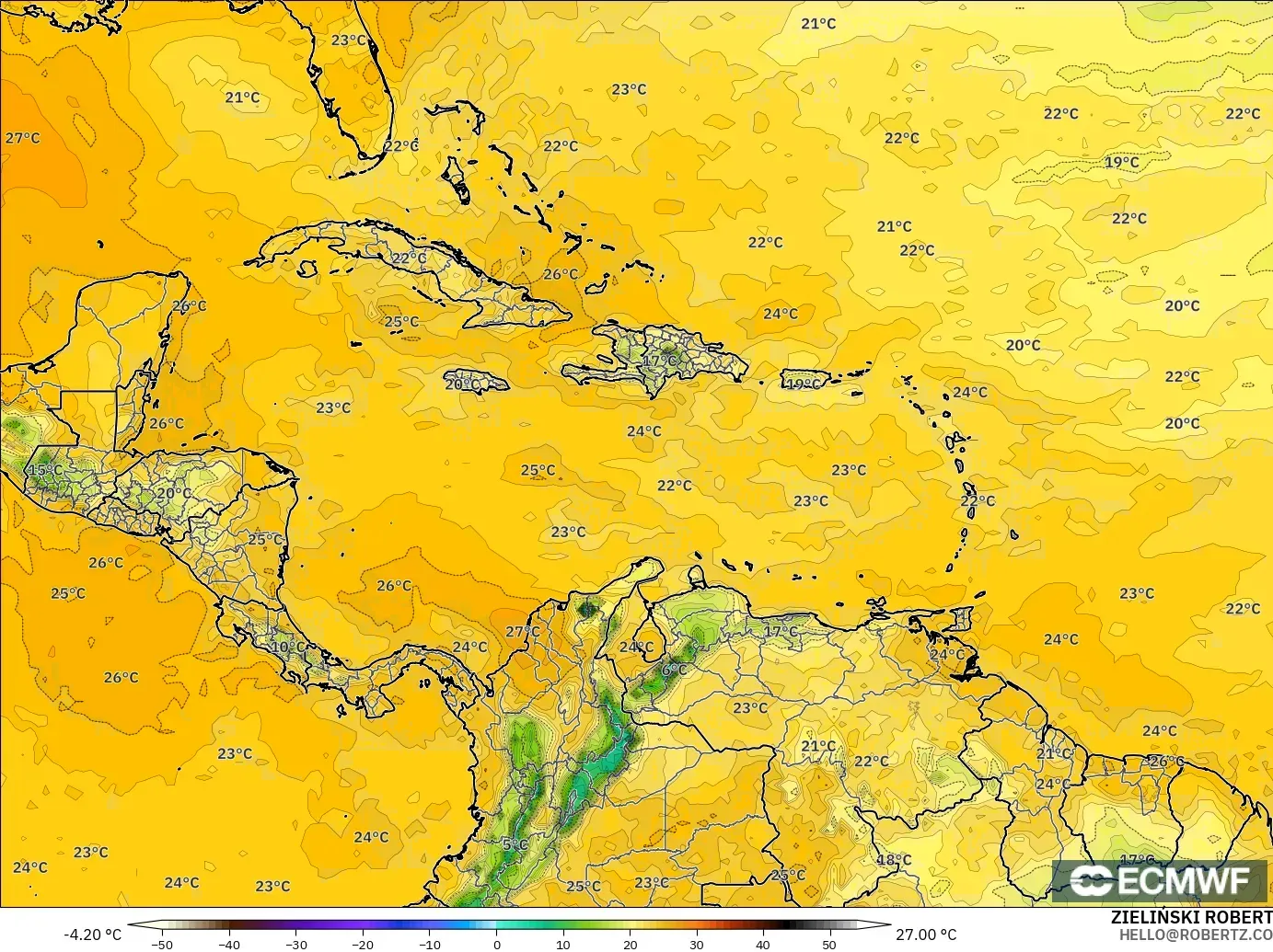 ECMWF IFS 0.25° model - Caribbean, Dewpoint at 2m