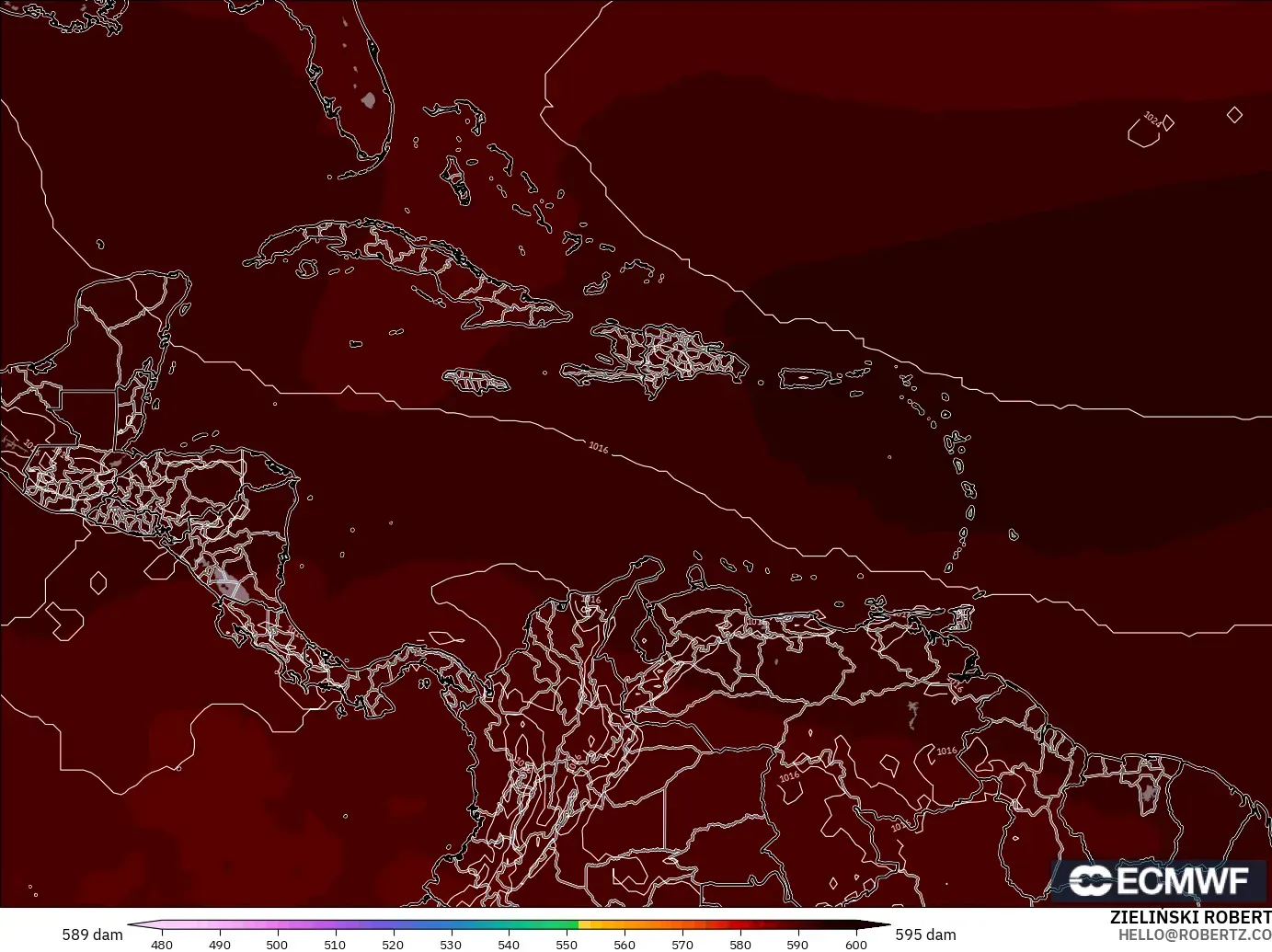ECMWF IFS 0.25° model - Caribbean, Geopotential height at 500hPa