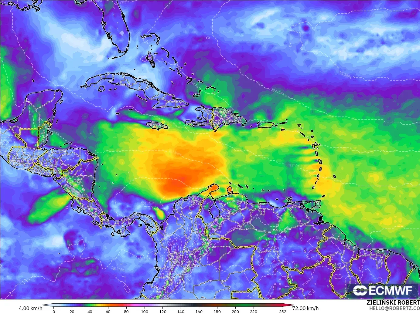 ECMWF IFS 0.25° model - Caribbean, Wind Gusts Peak