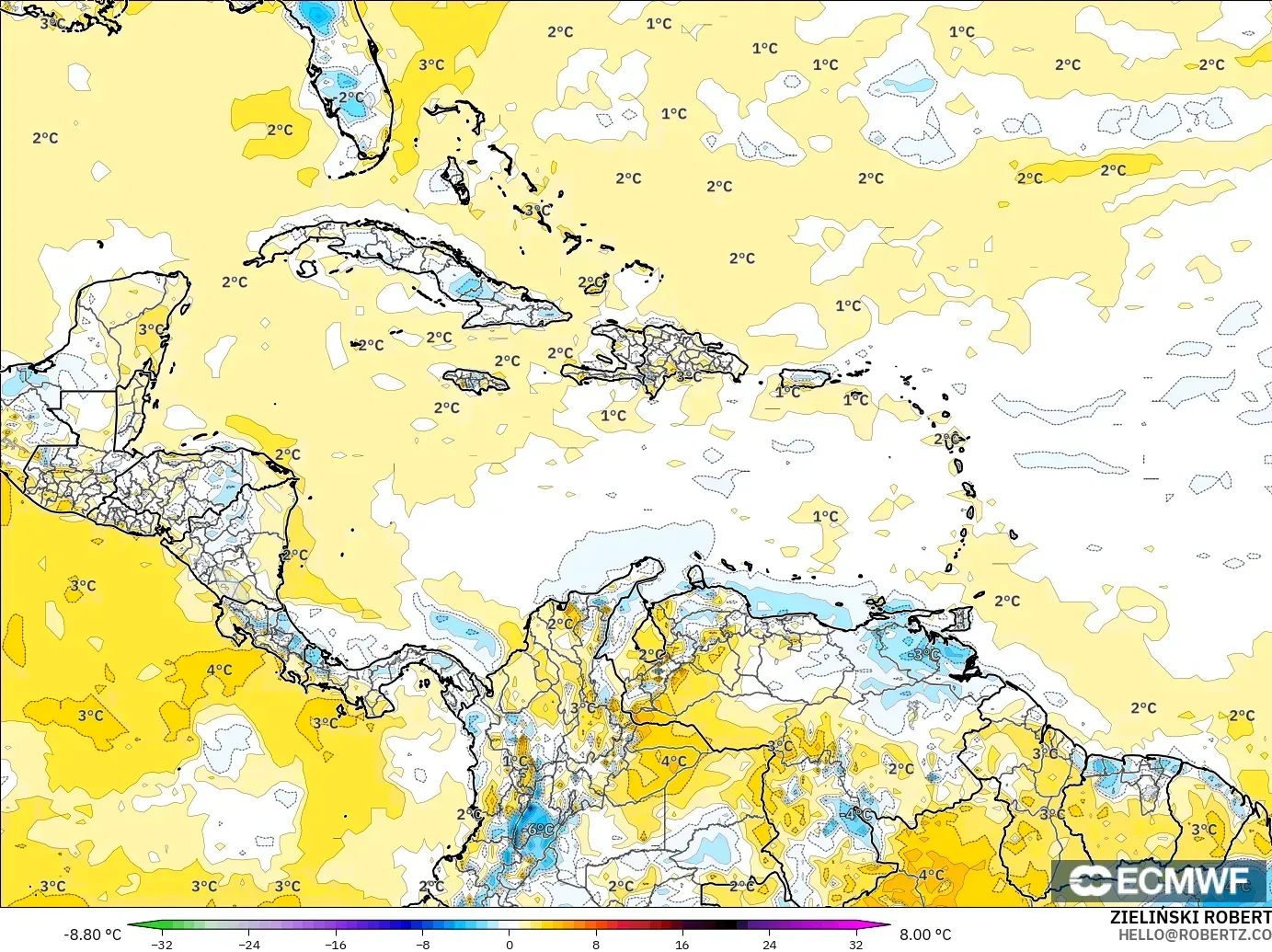 ECMWF IFS 0.25° model - Caribbean, Temperature at 2m Anomaly