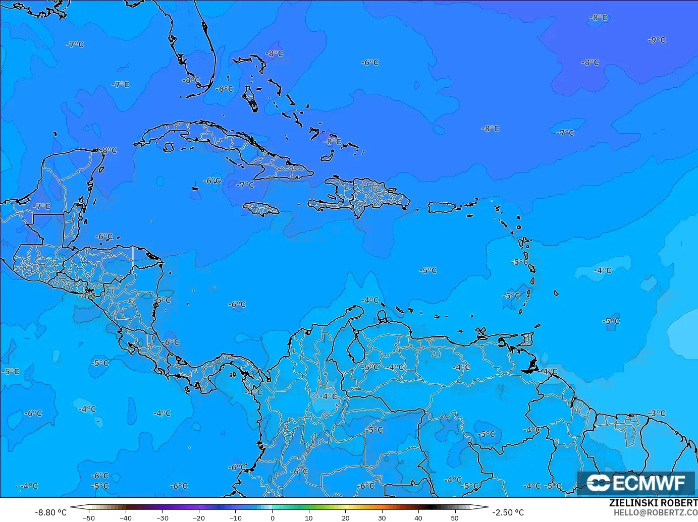 ECMWF IFS 0.25° model - Caribbean, Temperature at 500hPa