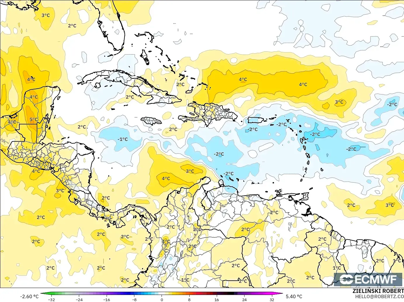 ECMWF IFS 0.25° model - Caribbean, Temperature at 850hPa Anomaly