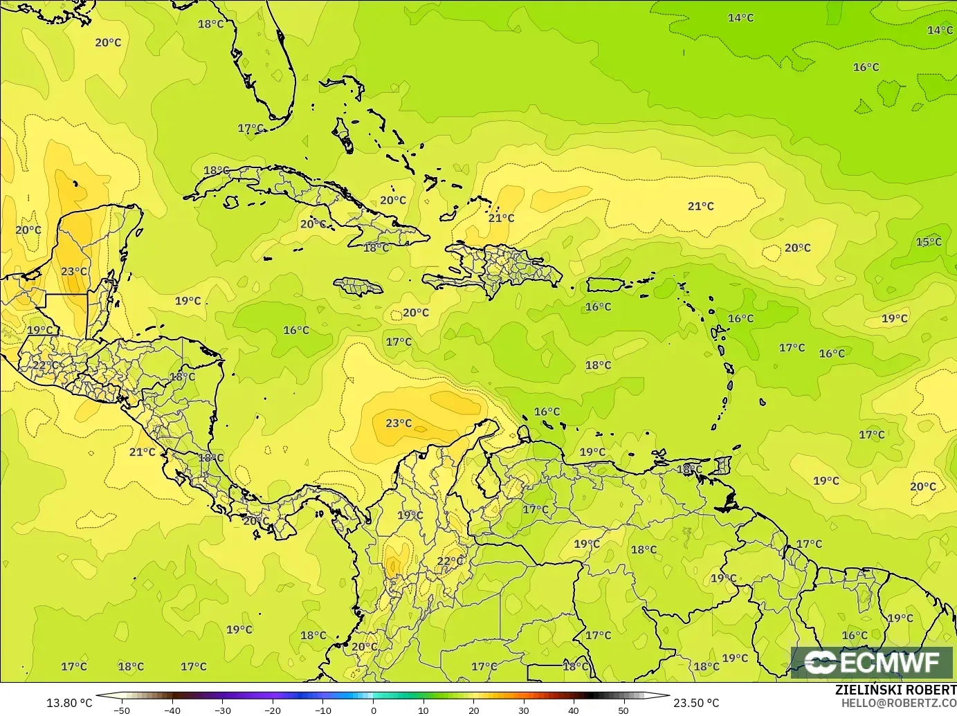 ECMWF IFS 0.25° model - Caribbean, Temperature at 850hPa