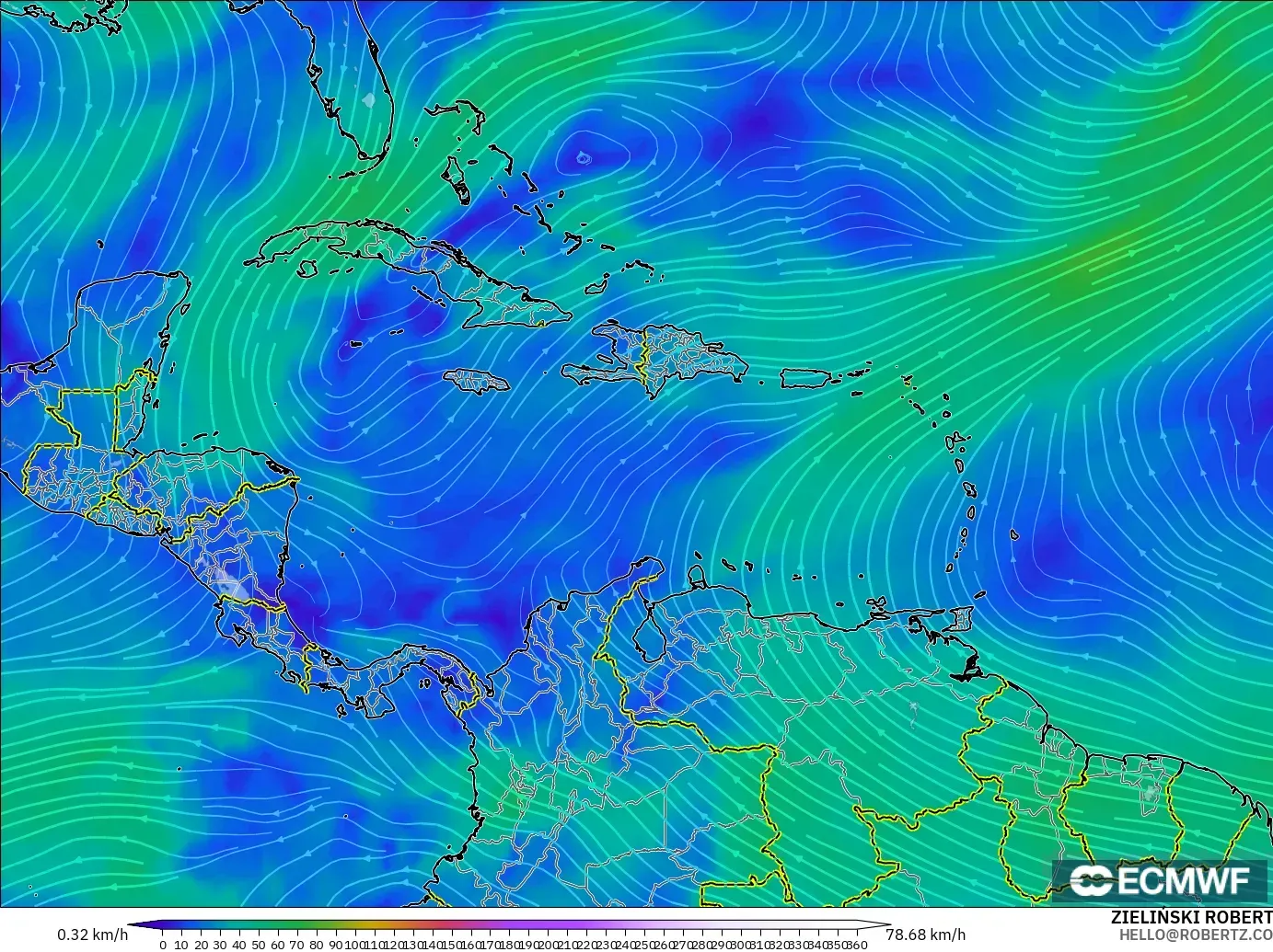 ECMWF IFS 0.25° model - Caribbean, Wind at 300hPa (jet stream)