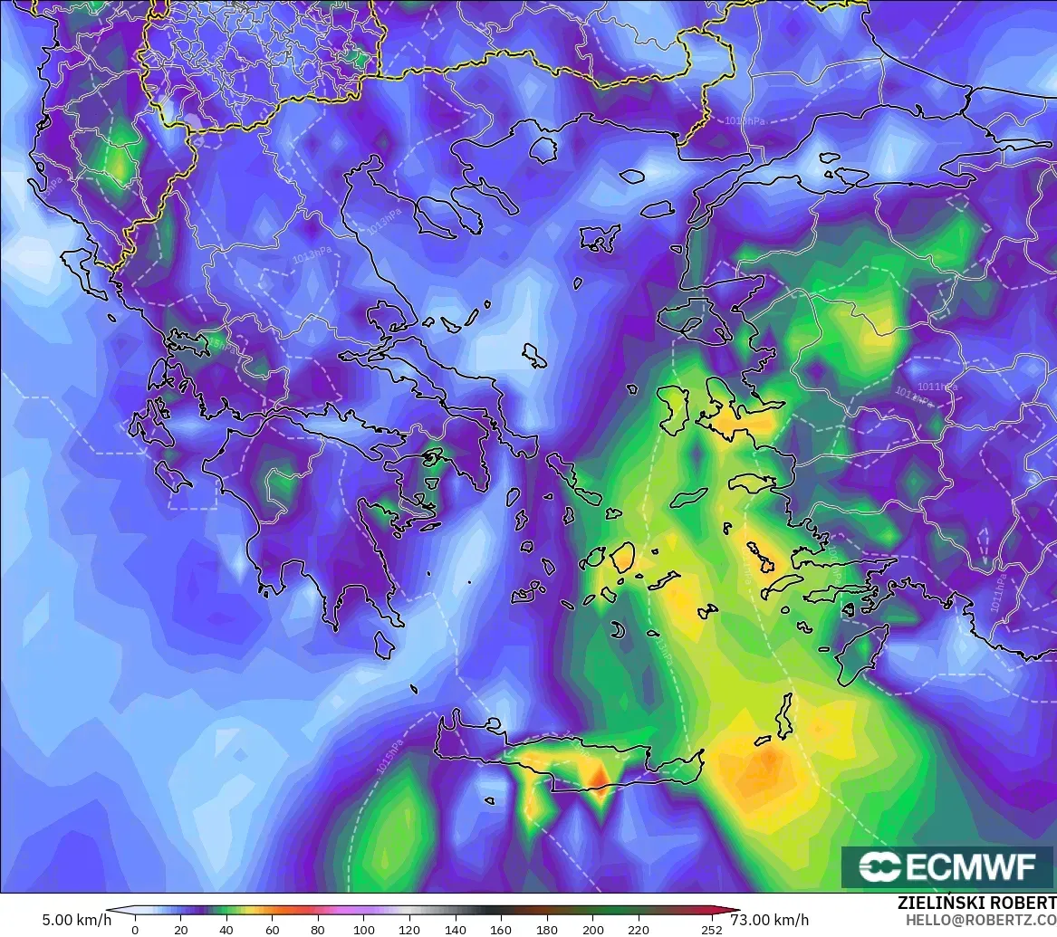 ECMWF IFS 0.25° model - Greece, Wind Gusts