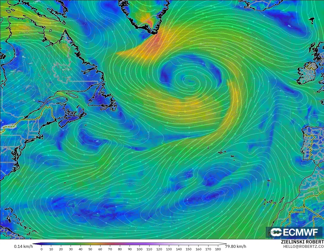 ECMWF IFS 0.25° model - North Atlantic, Wind at 10m