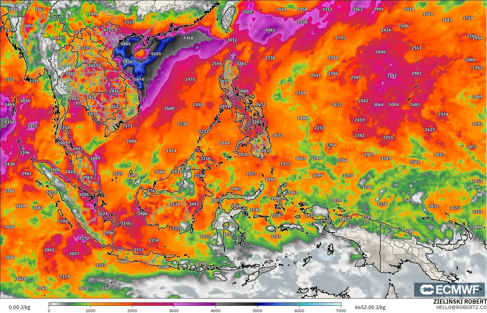 ECMWF IFS 0.25° model - South East Asia, CAPE