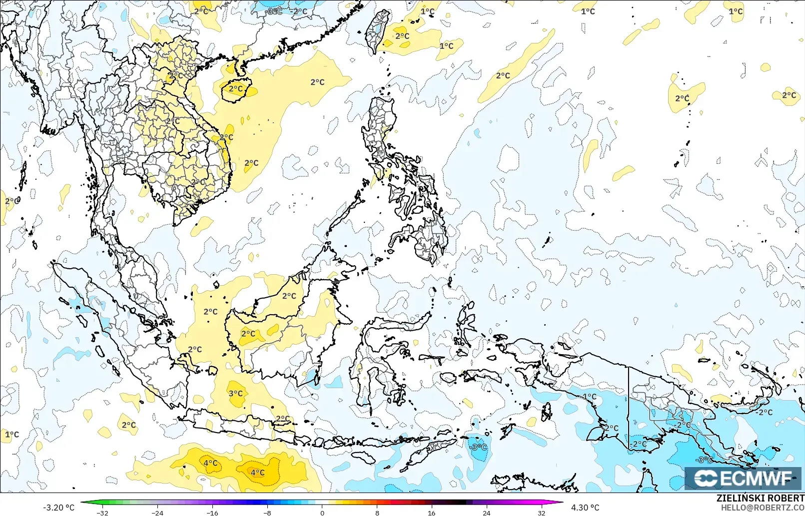 ECMWF IFS 0.25° model - South East Asia, Temperature at 850hPa Anomaly