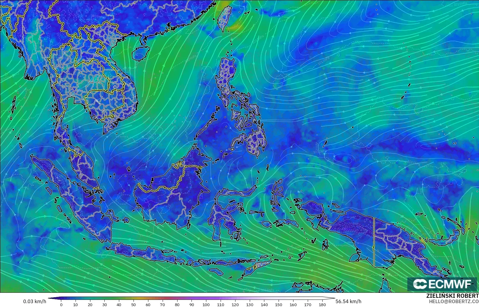 ECMWF IFS 0.25° model - South East Asia, Wind at 10m