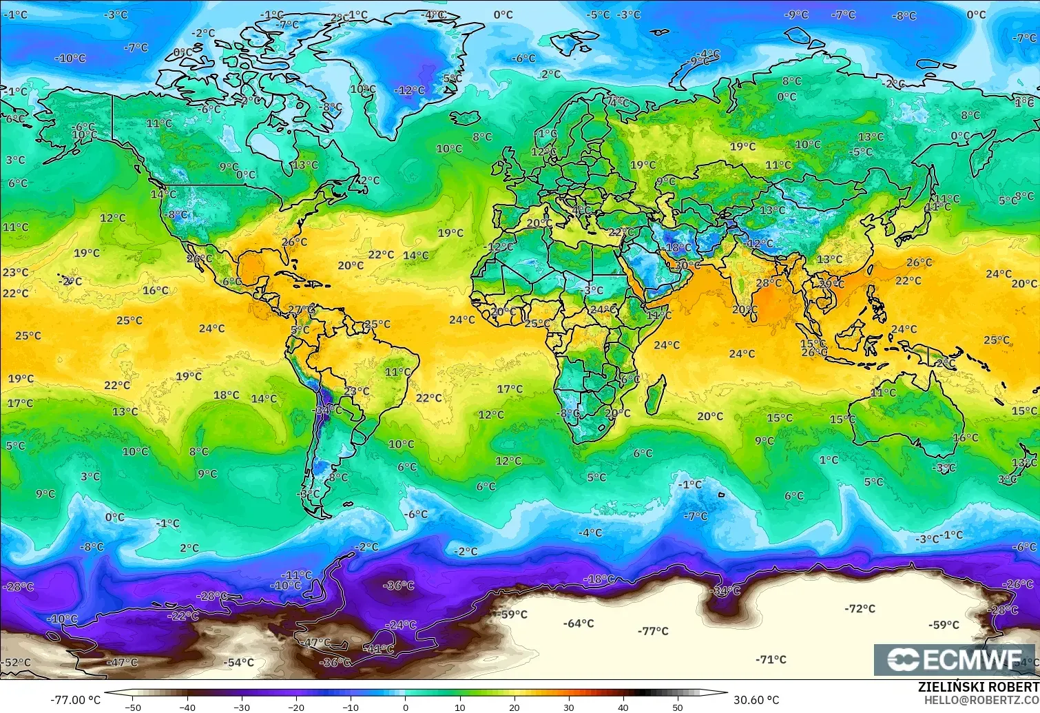 ECMWF IFS 0.25° model - World, Dewpoint at 2m