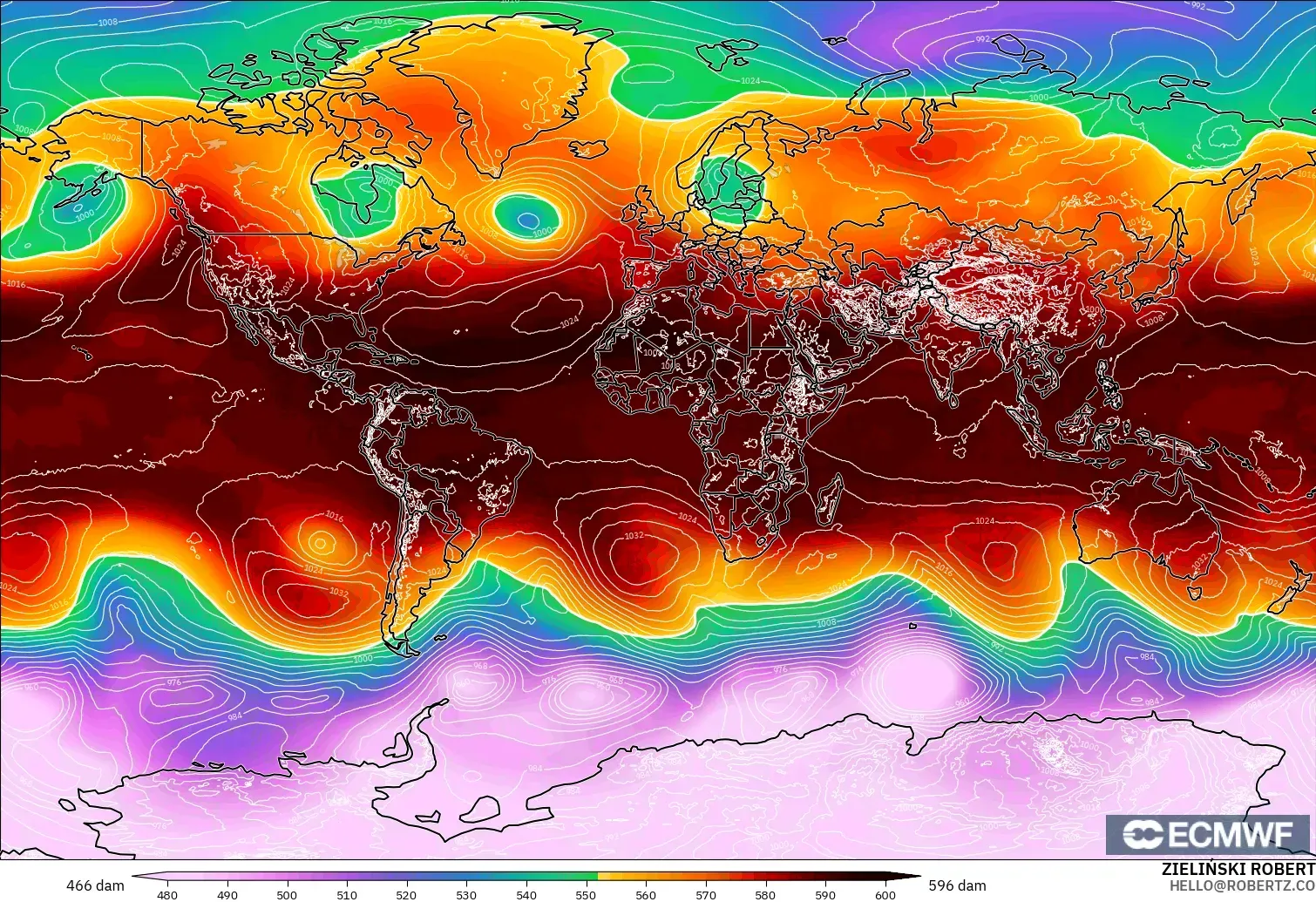 ECMWF IFS 0.25° model - World, Geopotential height at 500hPa