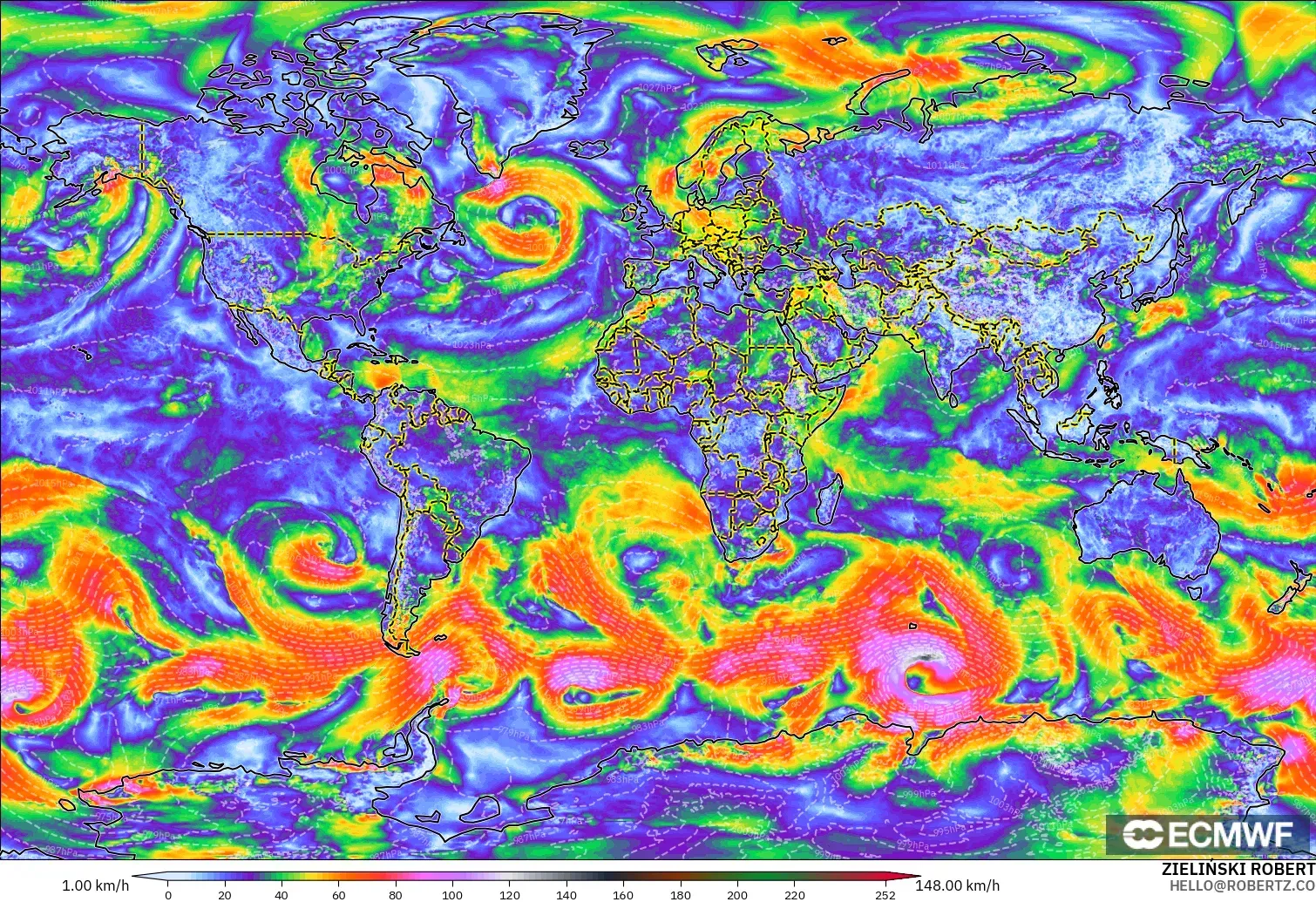 ECMWF IFS 0.25° model - World, Wind Gusts Peak
