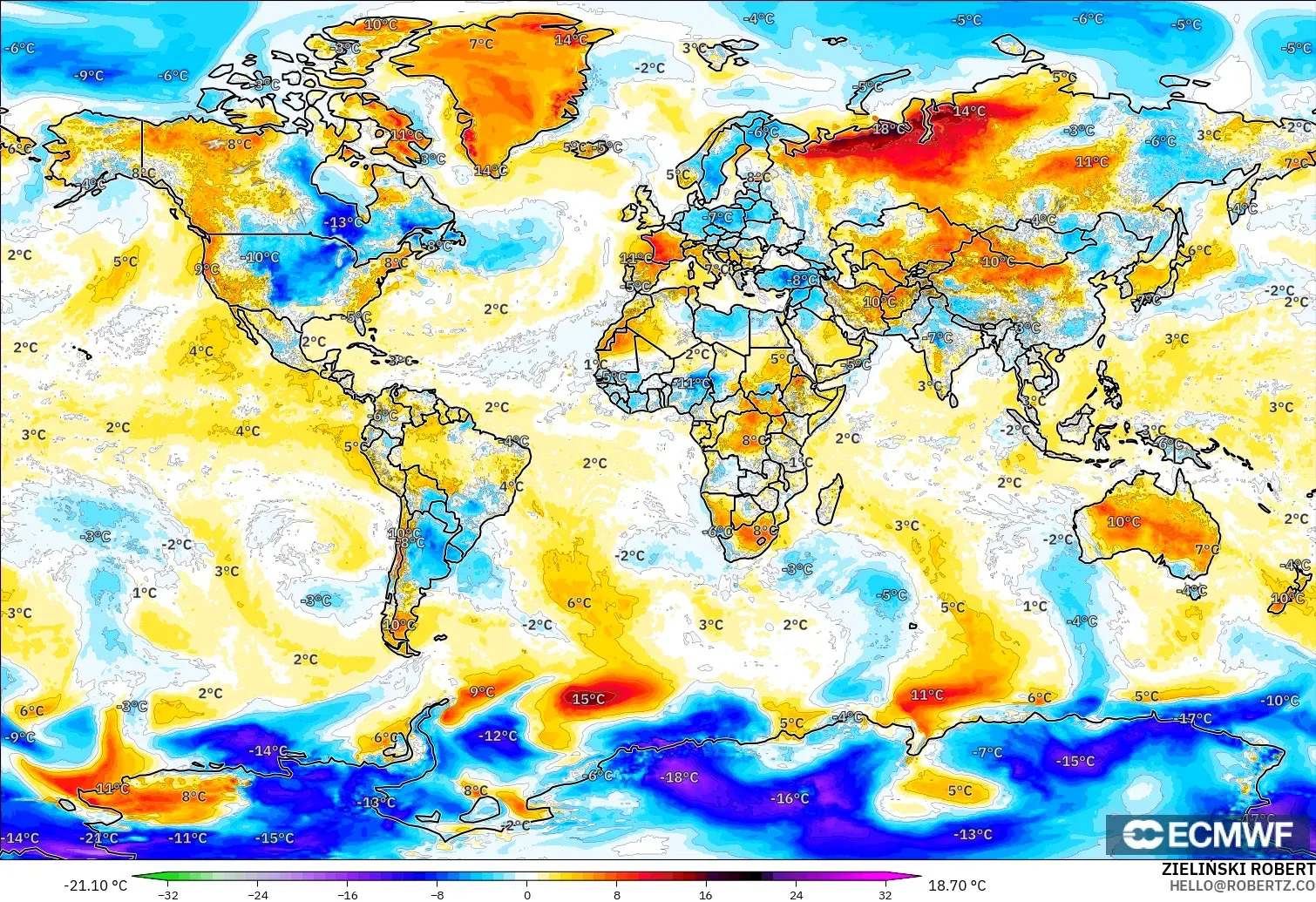 ECMWF IFS 0.25° model - World, Temperature at 2m Anomaly