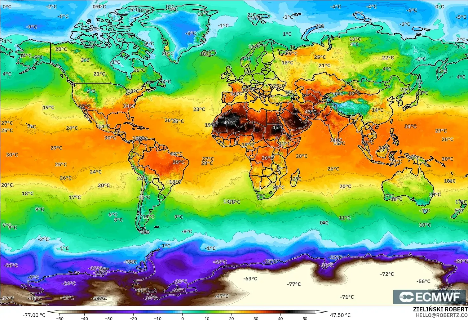 ECMWF IFS 0.25° model - World, Temperature at 2m