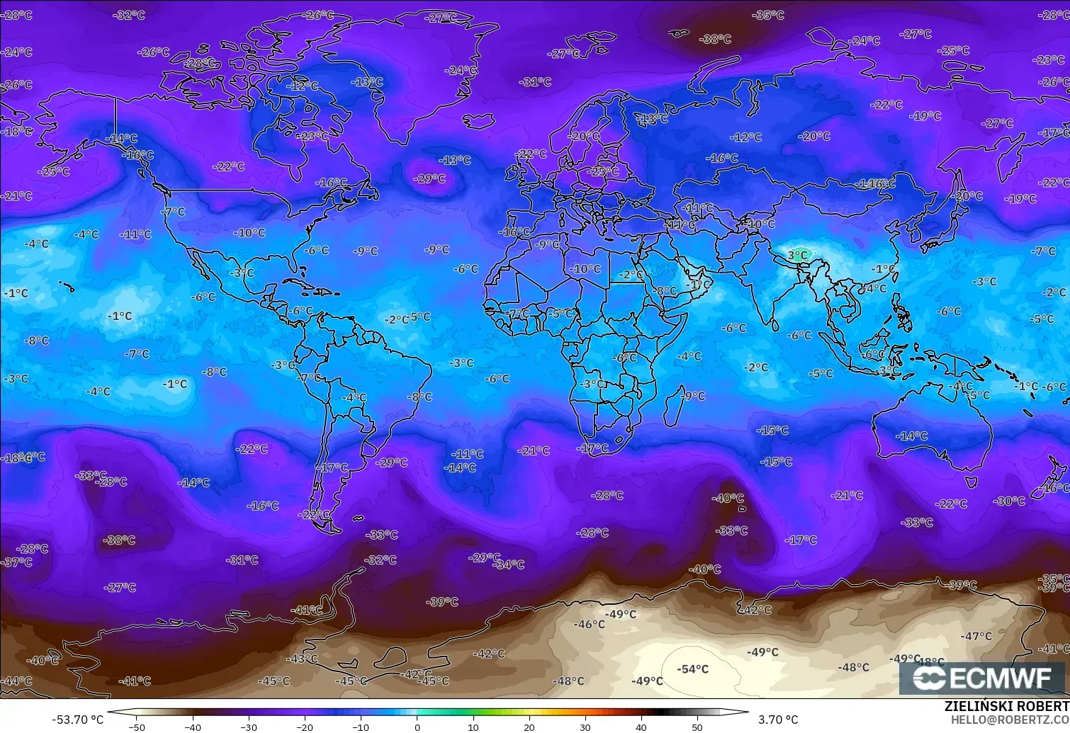 ECMWF IFS 0.25° model - World, Temperature at 500hPa