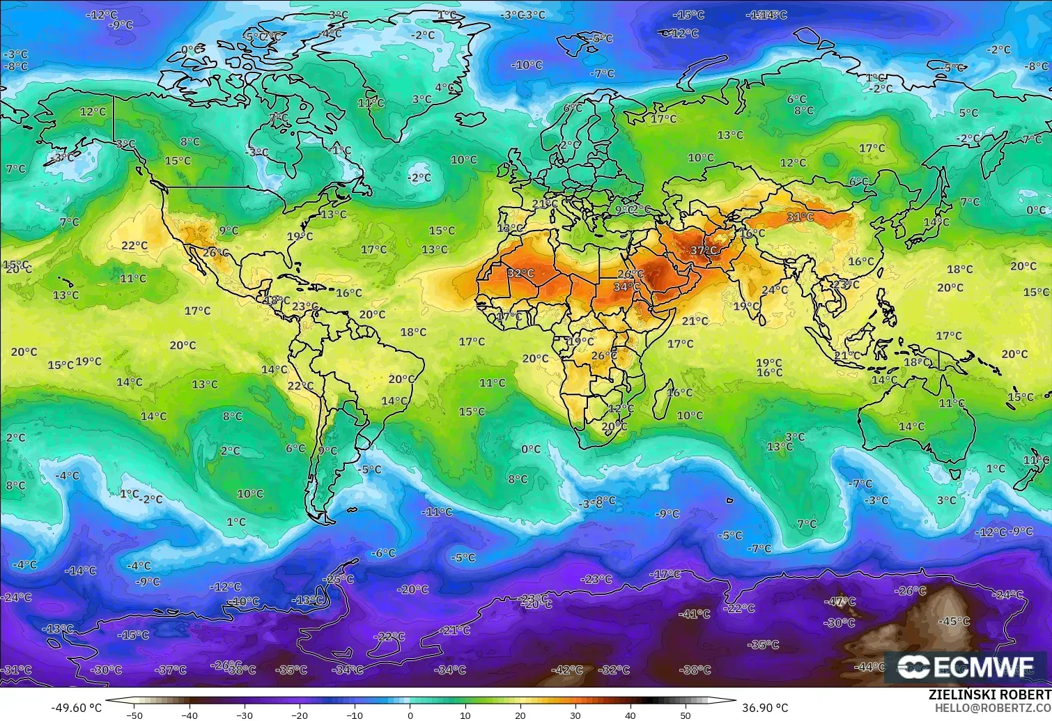 ECMWF IFS 0.25° model - World, Temperature at 850hPa