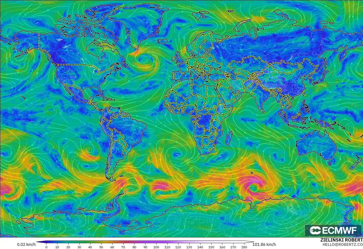 ECMWF IFS 0.25° model - World, Wind at 10m