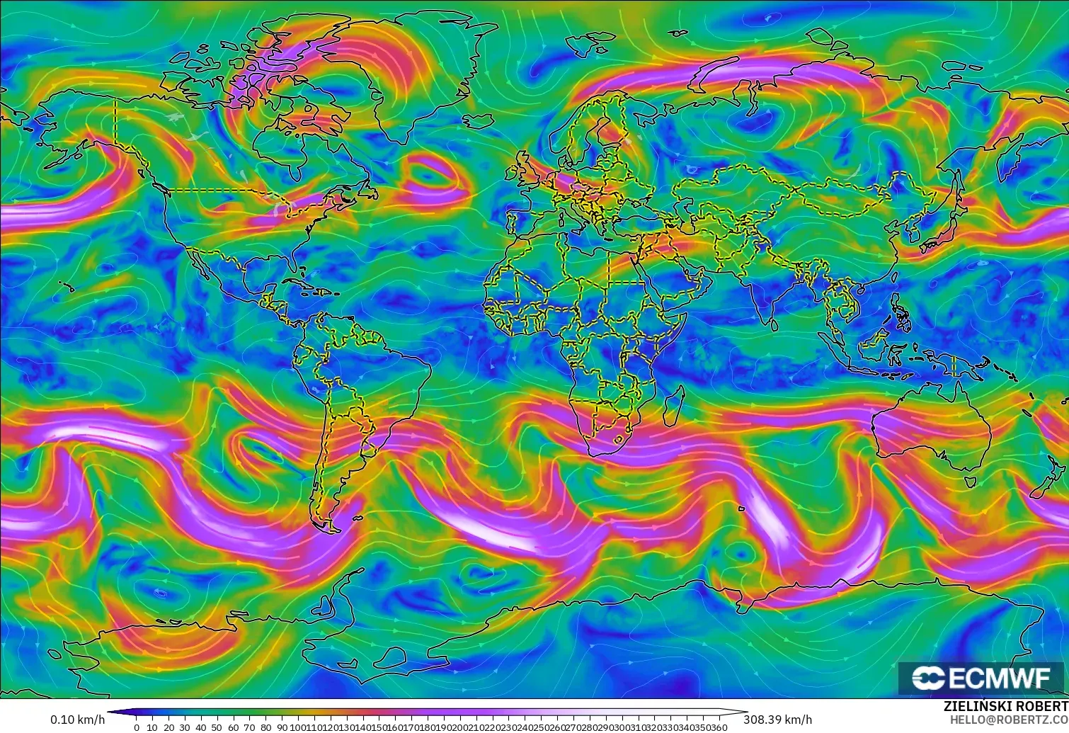 ECMWF IFS 0.25° model - World, Wind at 300hPa (jet stream)